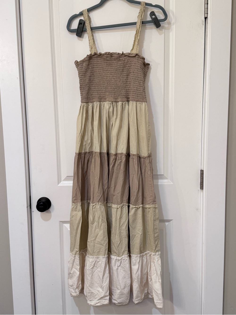 Smocked Tiered Maxi Dress in Cream and Tan